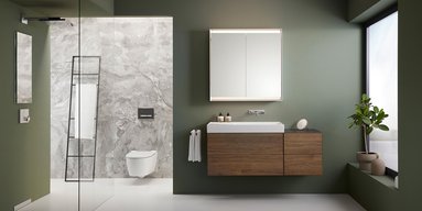 Ein modernes Badezimmer mit einer eleganten Holzschublade, einem großen Spiegel und einer stilvollen Pflanze im Fenster.