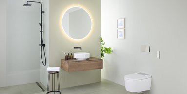 Ein modernes Badezimmer mit einer eleganten Dusche, einem runden Spiegel und einer stilvollen Holzwaschbeckenablage.