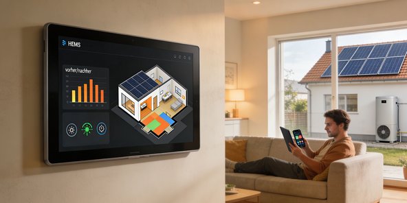 Mann auf Sofa mit Handy checkt über sein HEMS seinen Energieverbrauch und Einsparungen
