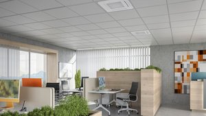 Ein großes Büro mit Pflanzen und an der Decke sind mehrere Klimaanlagen montiert.