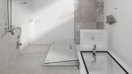 Ein modernes Badezimmer mit einer eleganten Dusche und einer freistehenden Badewanne, umgeben von hellen Fliesen und Glas.