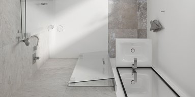 Ein modernes Badezimmer mit einer eleganten Dusche und einer freistehenden Badewanne, umgeben von hellen Fliesen und Glas.