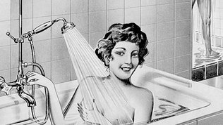 Eine schwarz/weiss Zeichnung von einer Frau die in einer Badewanne sitzt, und Wasser ueber sich laufen laesst